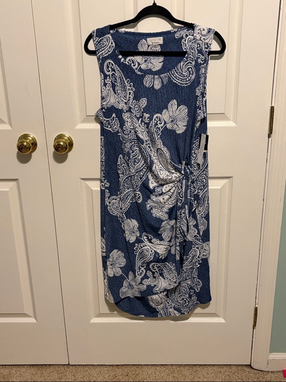 Signature by Robbie Bee Denim Blue and White Paisley Midi Dress